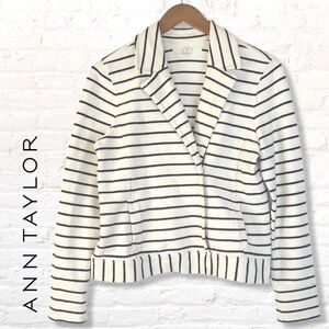 Loft Ann Taylor Snap Button Blazer Jacket Size Medium Striped White Navy Cotton